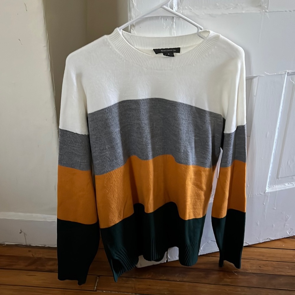 White gray, orange and green striped lightweight sweater